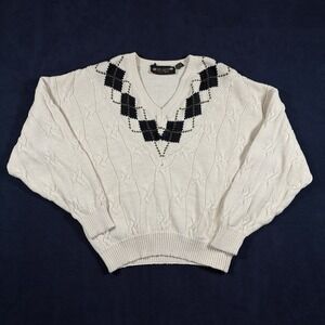 Vintage 90s New River J Riggins Argyle Cable Knit V Neck Sweater Mens M Cream